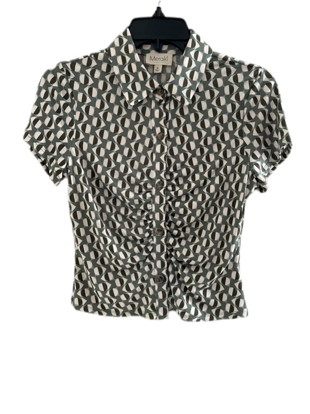 Meraki Short-Sleeve Geometric Button-Front Top in Olive/White